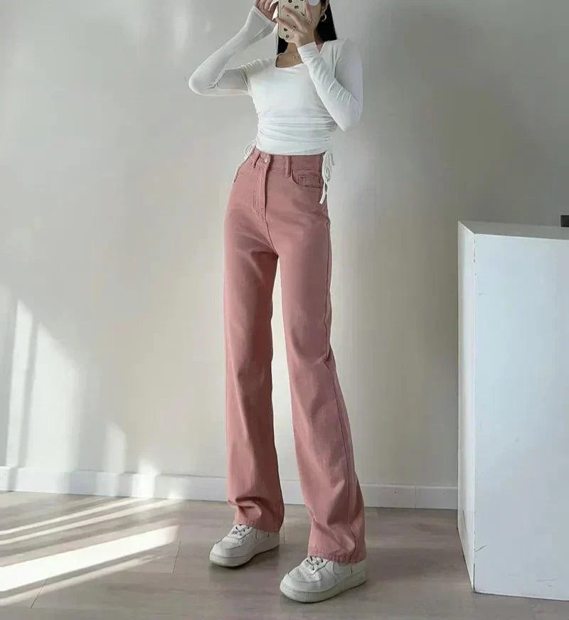 Valenzora | Waist-Pink Straight Jeans for Women