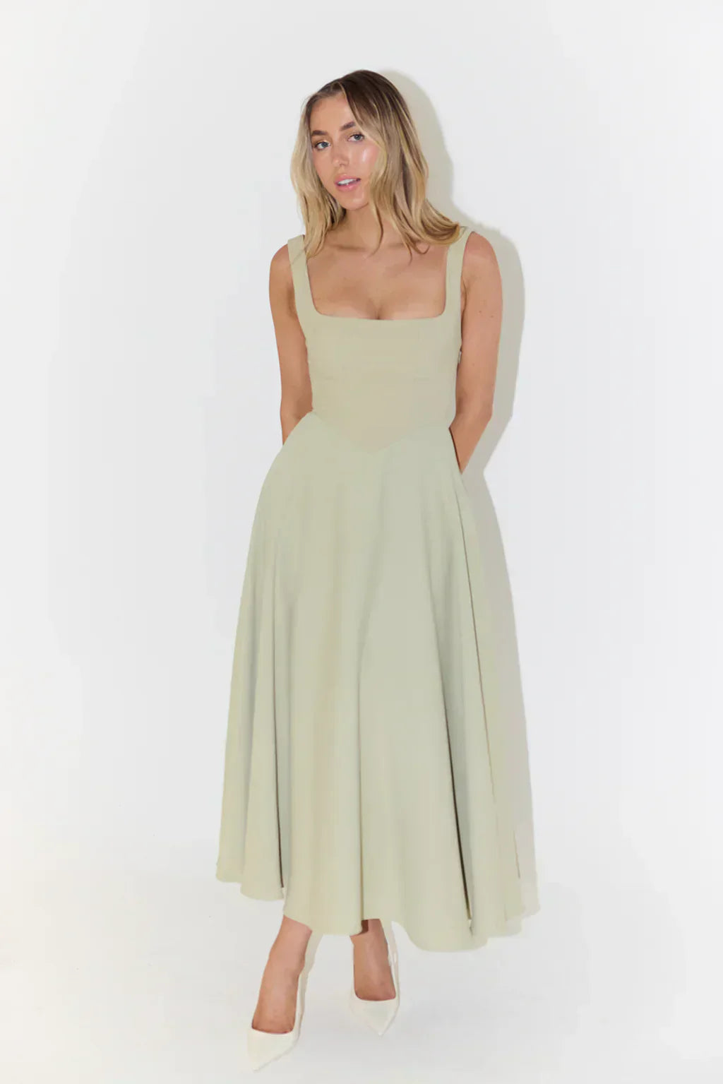 Midi dress with high waist and square neckline