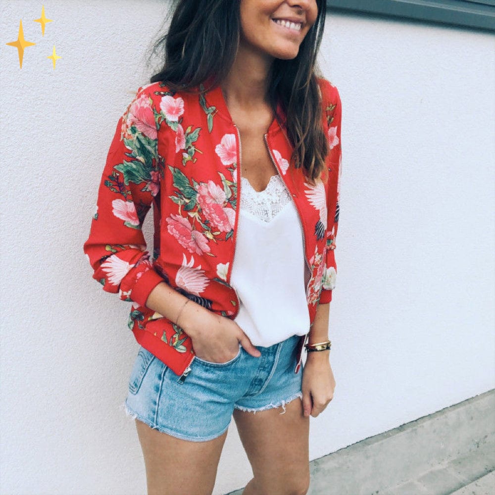 Valenzora | Abendkleid, luftige, dünne Frühlingsjacke mit Reißverschluss und Blumenmuster