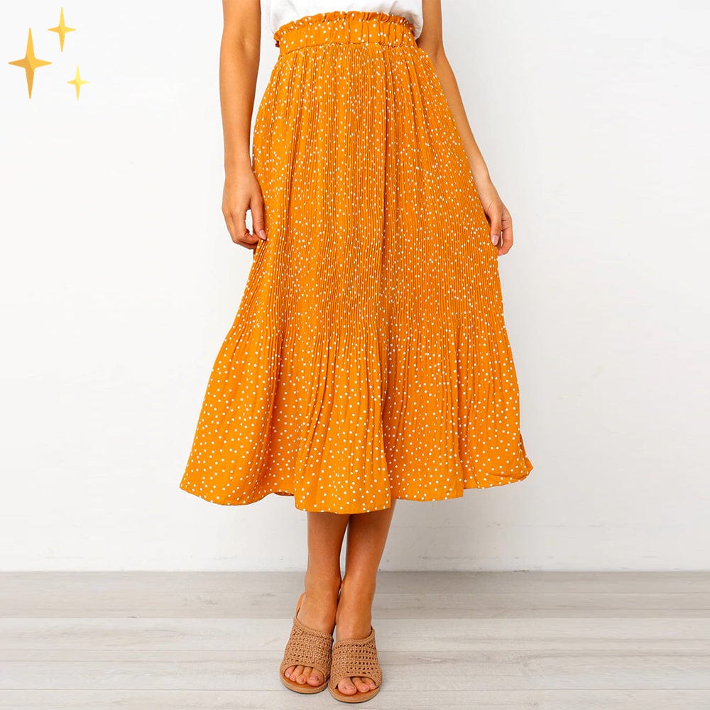 Valenzora | Wide polka dot midi skirt with elasticated waistband, slanted pockets and pleats