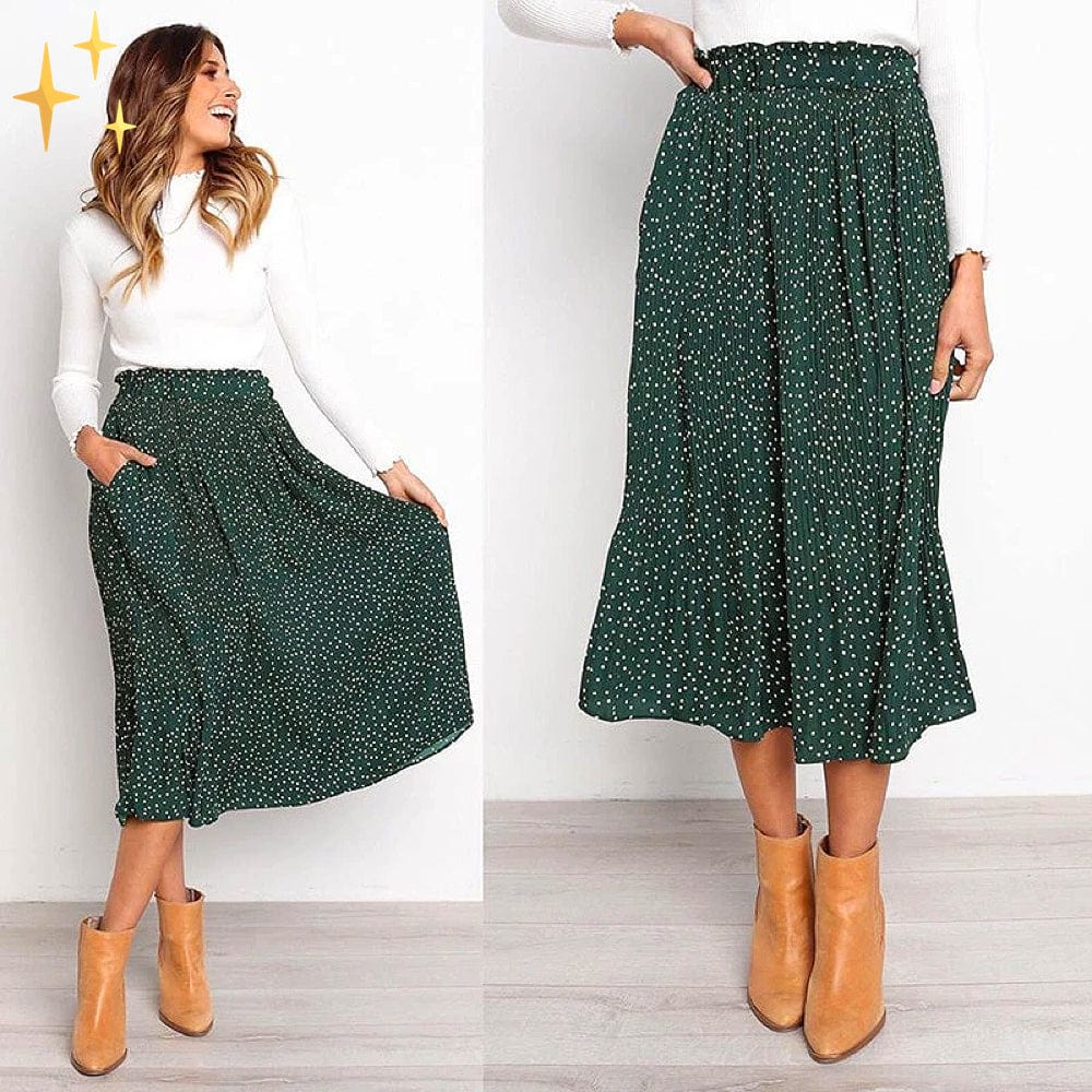 Valenzora | Wide polka dot midi skirt with elasticated waistband, slanted pockets and pleats