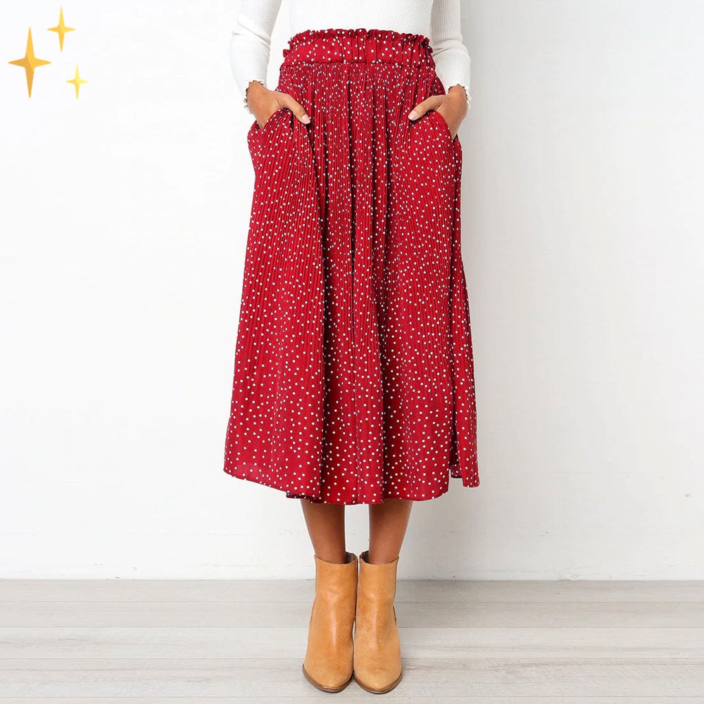 Valenzora | Wide polka dot midi skirt with elasticated waistband, slanted pockets and pleats