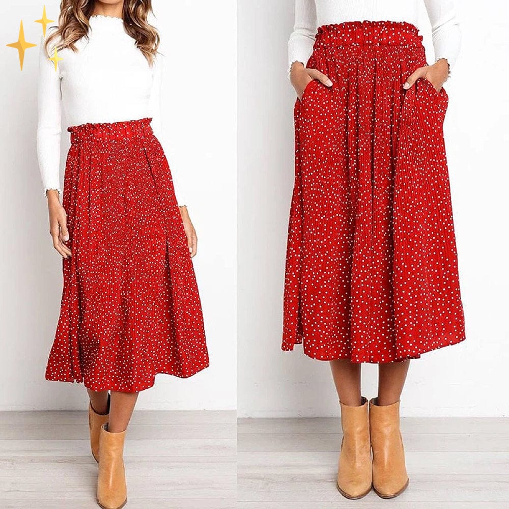 Valenzora | Wide polka dot midi skirt with elasticated waistband, slanted pockets and pleats