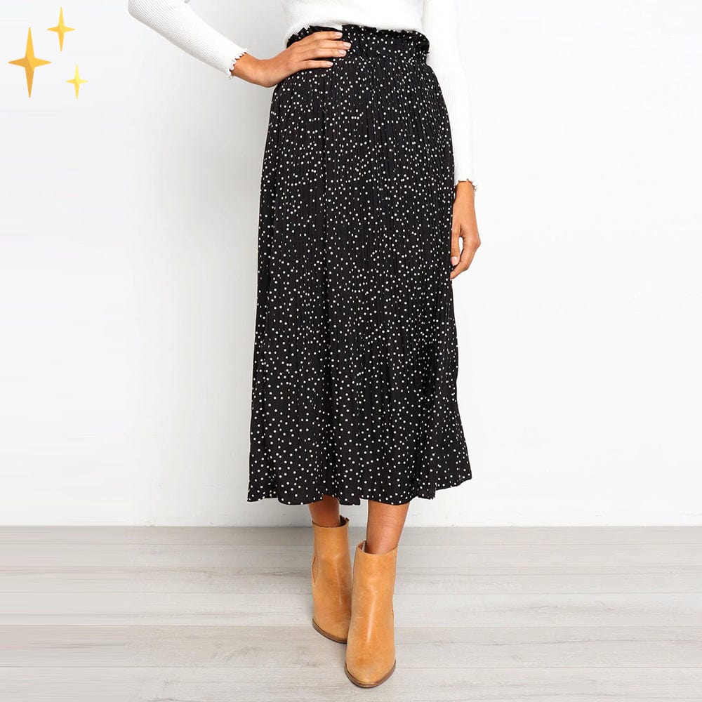 Valenzora | Wide polka dot midi skirt with elasticated waistband, slanted pockets and pleats