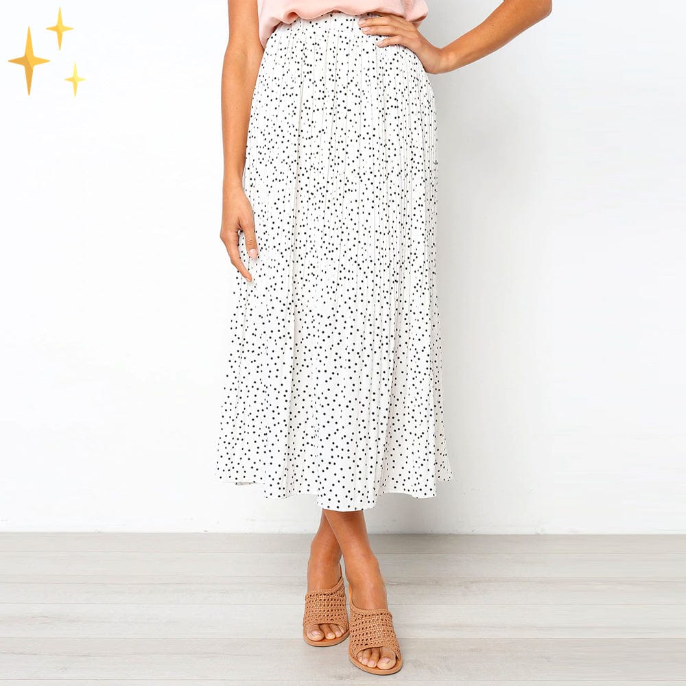 Valenzora | Wide polka dot midi skirt with elasticated waistband, slanted pockets and pleats