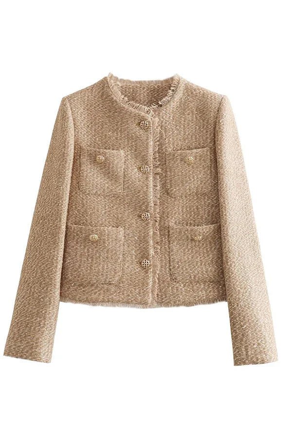 Valenzora | Ausgefranste Jacke mit Rundhalsausschnitt und Knöpfen