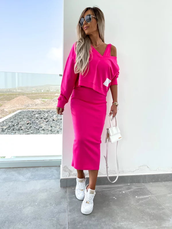 Valenzora | Stylish off-shoulder crop top and midi skirt set