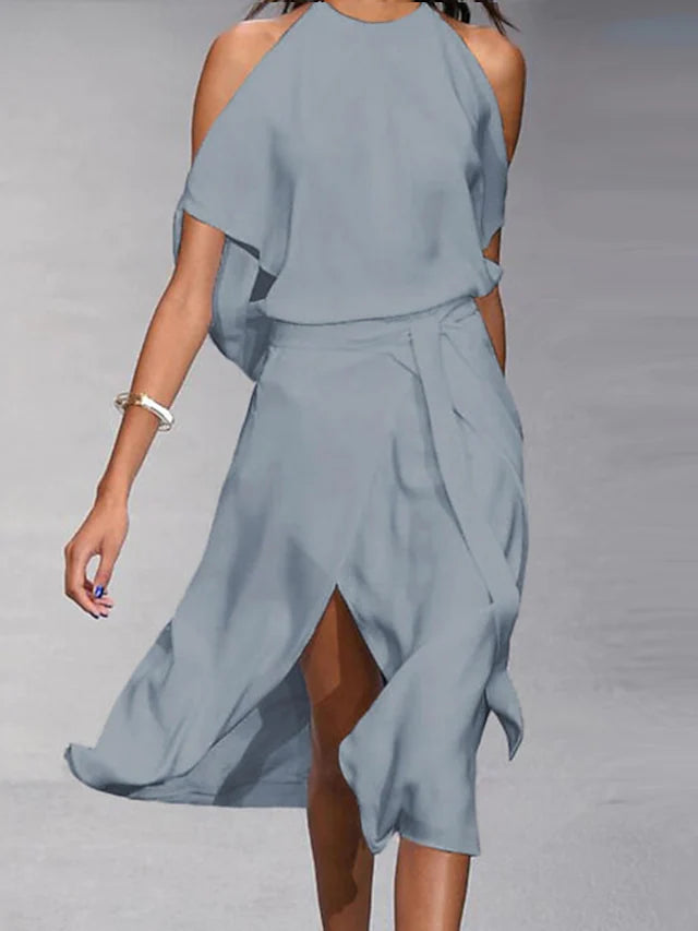 Valenzora | Midikleid, schulterfreier Wickelstil mit vorderem Schlitz, elegant fallende Passform