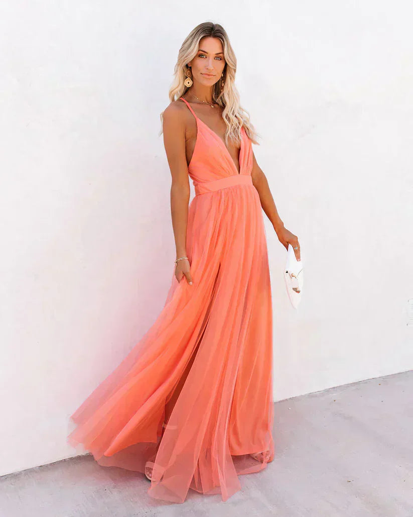Valenzora | Long dress, deep V-neck, spaghetti straps, flowing lightweight fabric