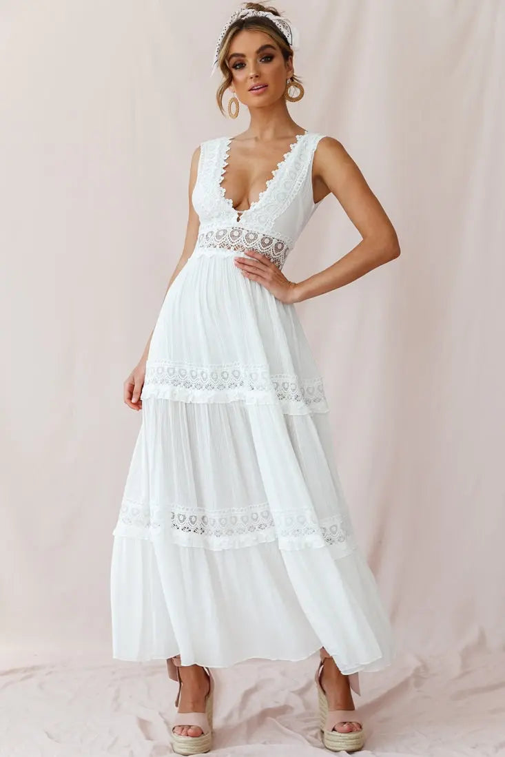 Valenzora | White Boho Maxi Dress with Crochet Inserts & Deep V-Neck