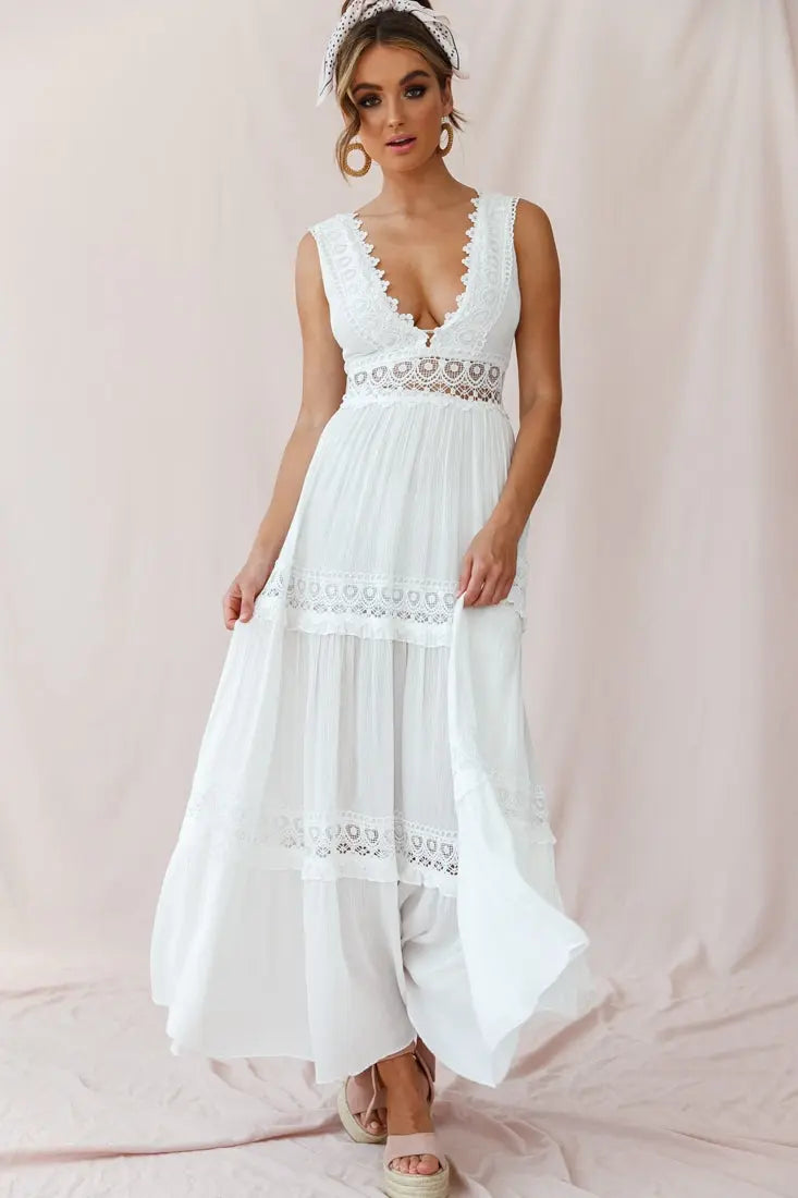 Valenzora | White Boho Maxi Dress with Crochet Inserts & Deep V-Neck