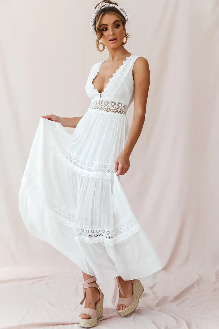 Valenzora | White Boho Maxi Dress with Crochet Inserts & Deep V-Neck