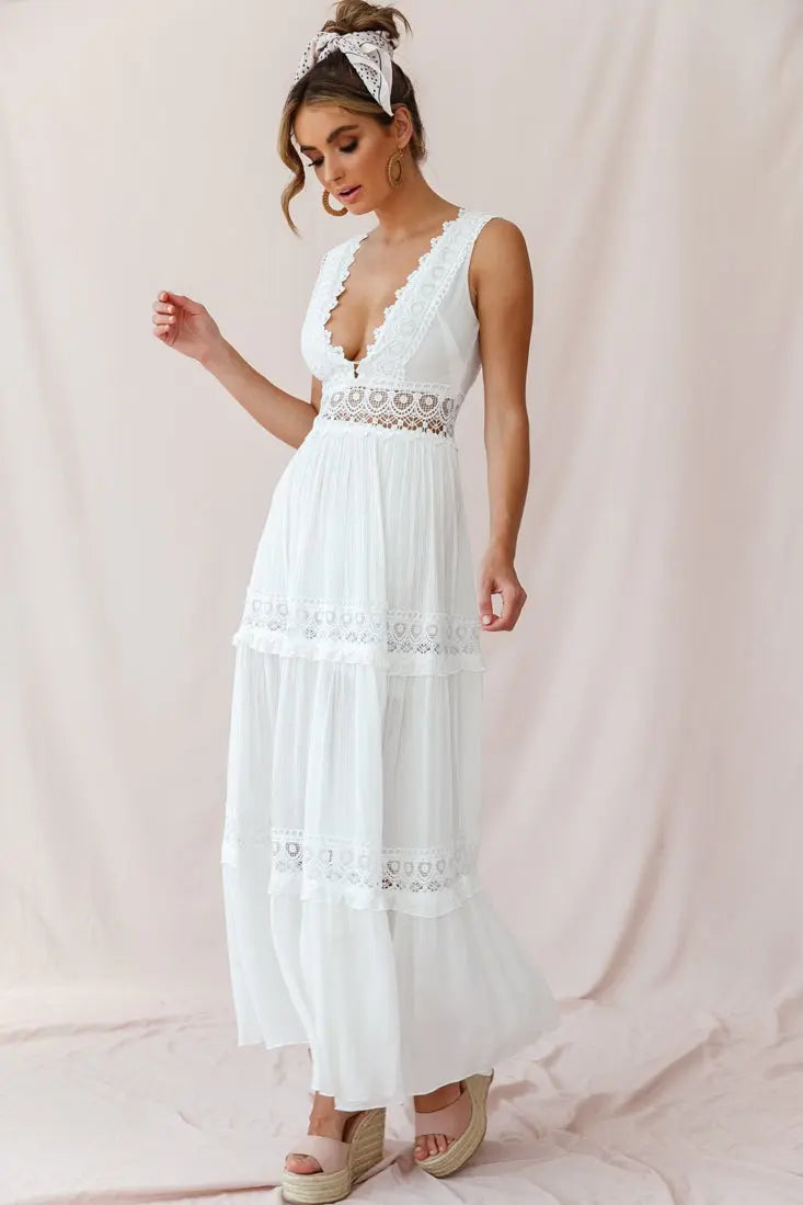Valenzora | White Boho Maxi Dress with Crochet Inserts & Deep V-Neck