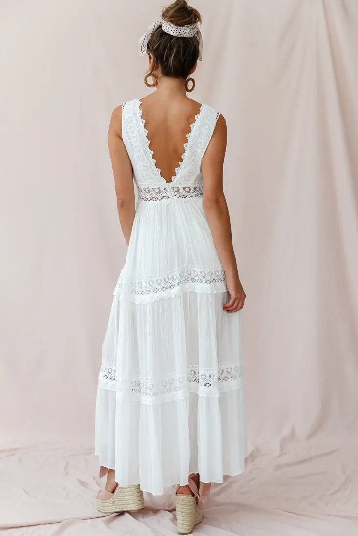 Valenzora | White Boho Maxi Dress with Crochet Inserts & Deep V-Neck
