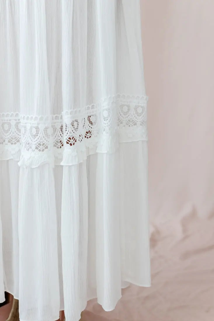 Valenzora | White Boho Maxi Dress with Crochet Inserts & Deep V-Neck