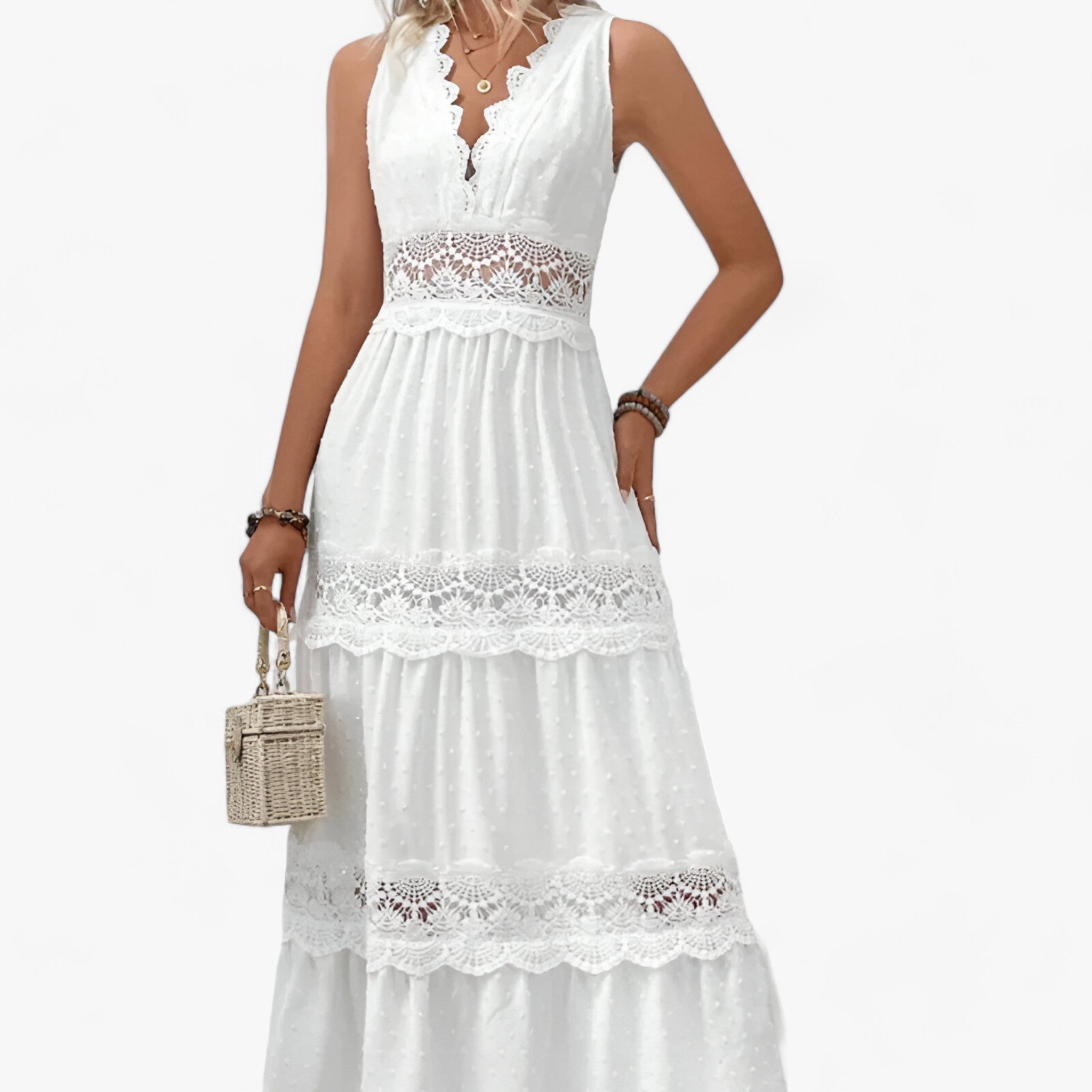 V-neck summer dress - Flowing length with elegant details