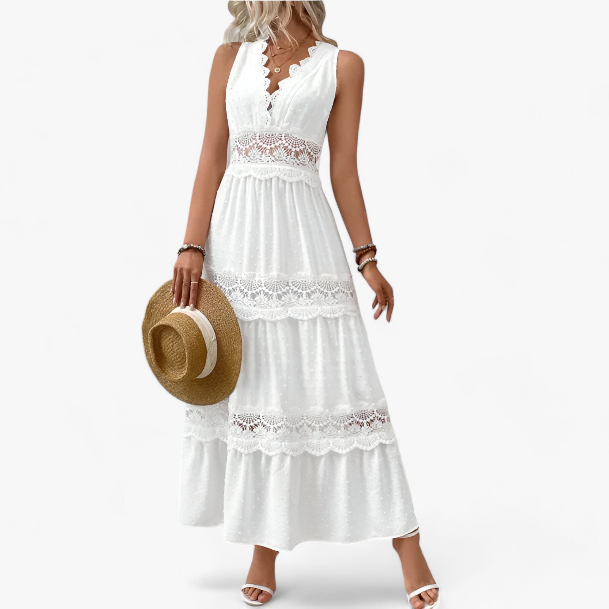 V-neck summer dress - Flowing length with elegant details
