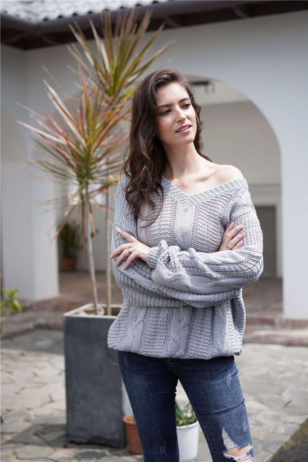 Valenzora Simple cable knit loose sweatshirt