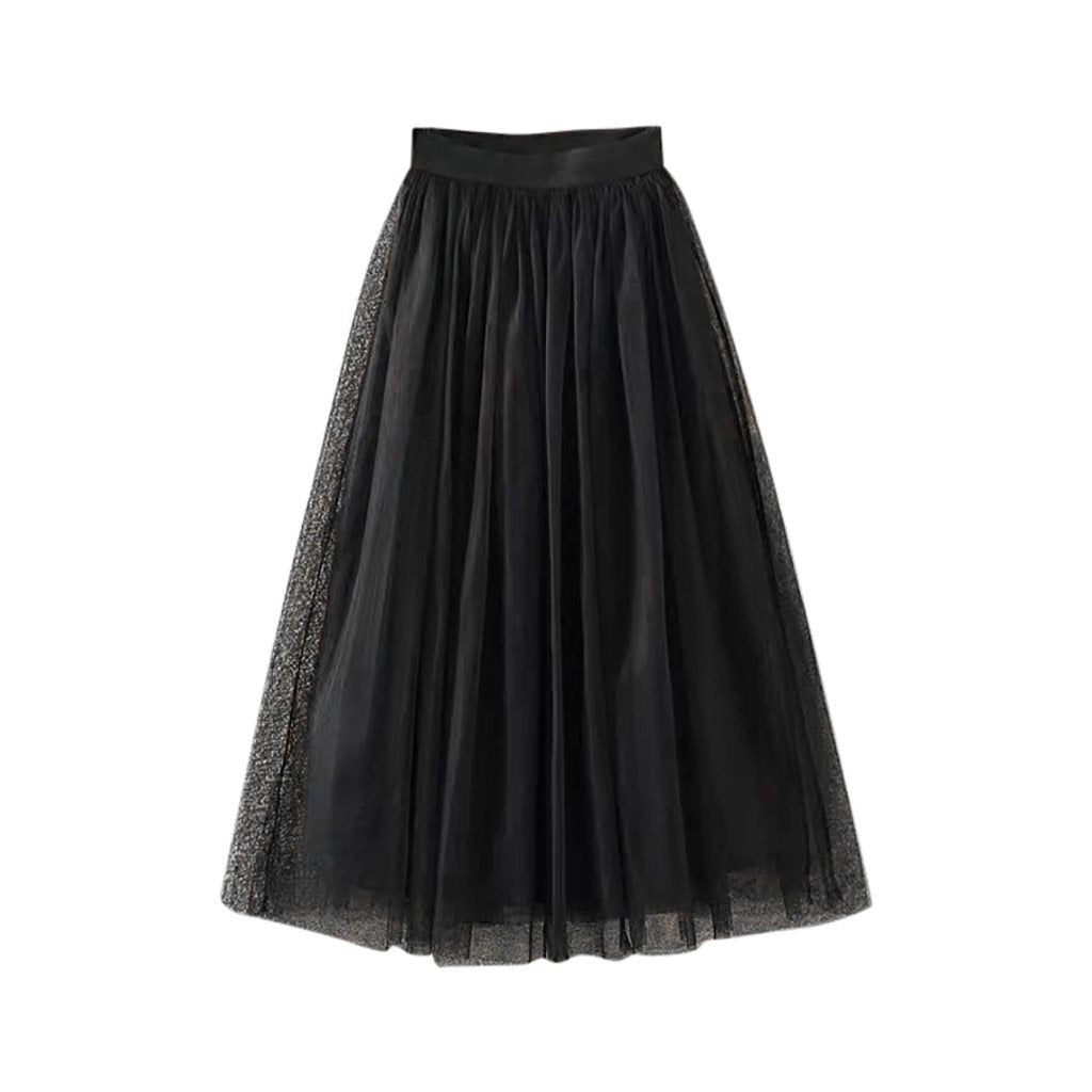 Valenzora | Pleated Tulle Mesh Elastic High Waist A-Line Long Skirt