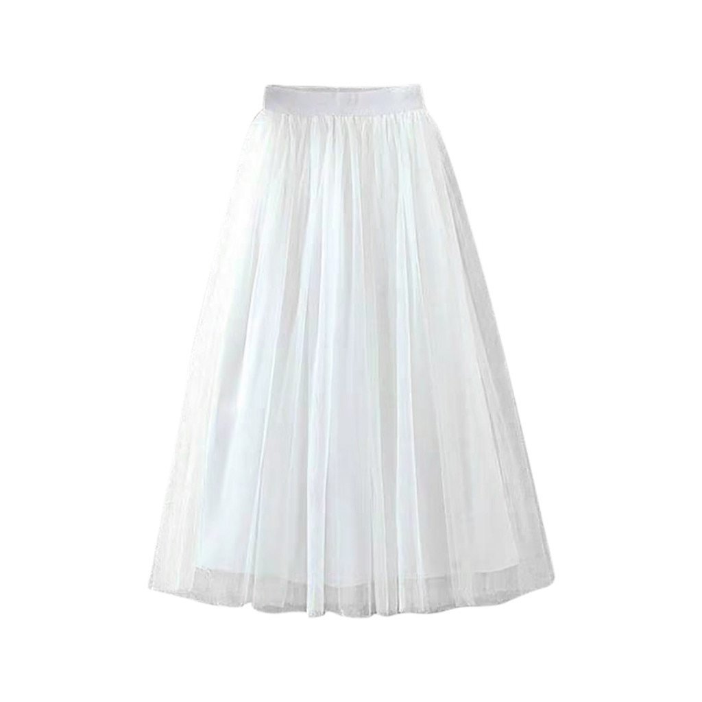 Valenzora | Pleated Tulle Mesh Elastic High Waist A-Line Long Skirt