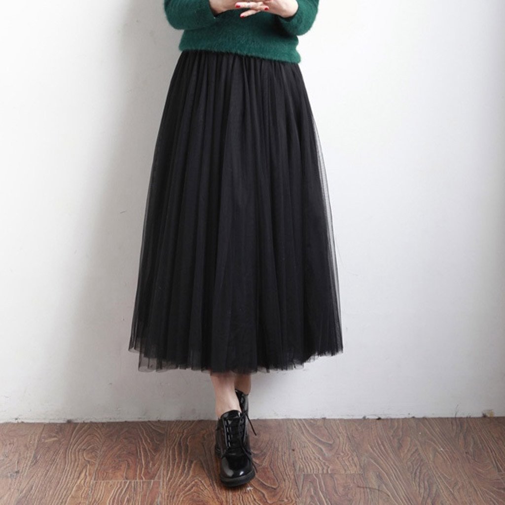 Valenzora | Pleated Tulle Mesh Elastic High Waist A-Line Long Skirt