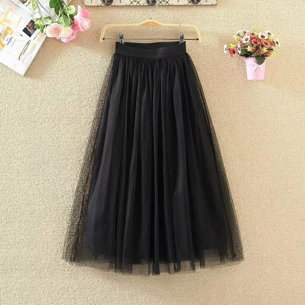 Valenzora | Pleated Tulle Mesh Elastic High Waist A-Line Long Skirt
