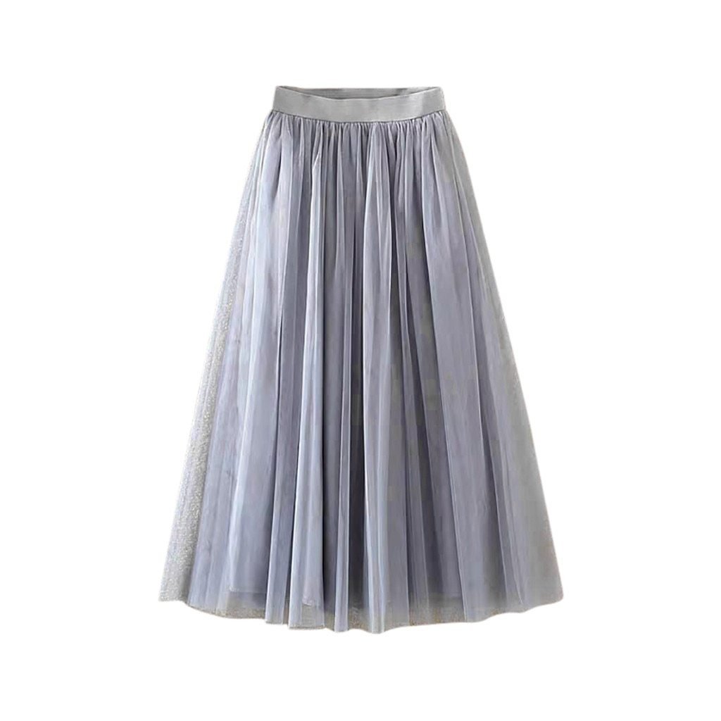 Valenzora | Pleated Tulle Mesh Elastic High Waist A-Line Long Skirt