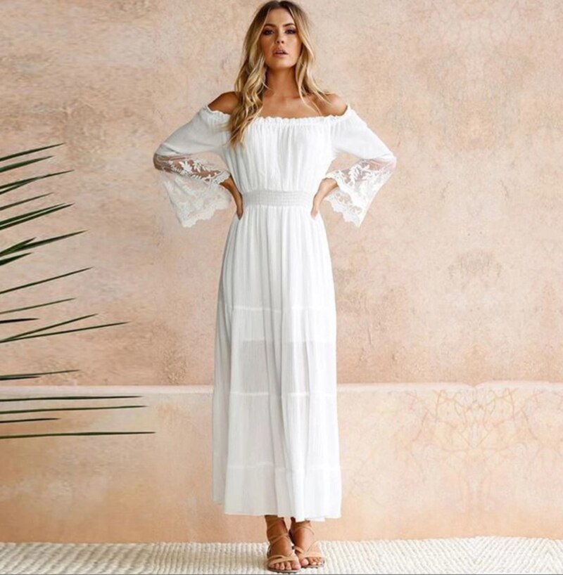 Valenzora | Schulterfreies weißes Spitzen-Sommerkleid