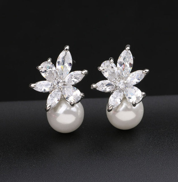 Valenzora | Austrian Imitation Pearl Snow Flower Bridal CZ Stud Earrings