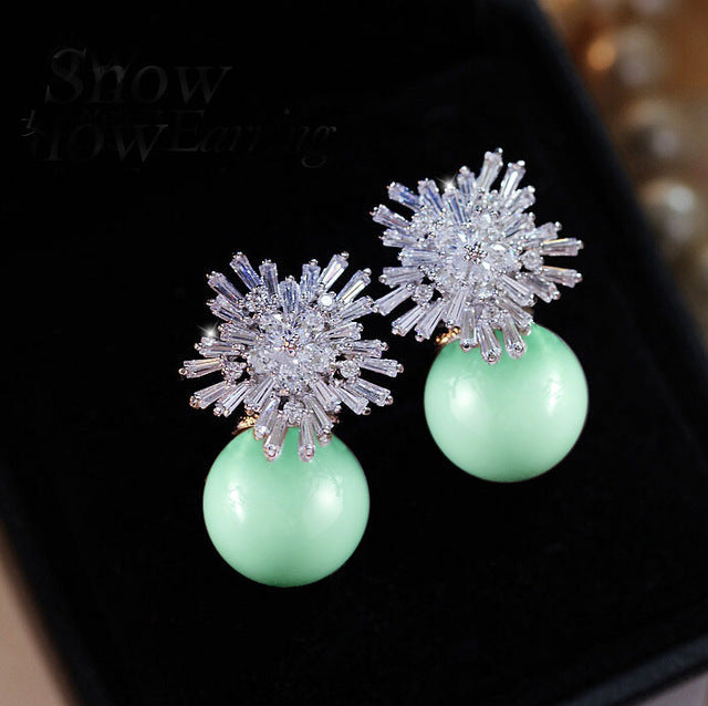 Valenzora | Austrian Imitation Pearl Snow Flower Bridal CZ Stud Earrings