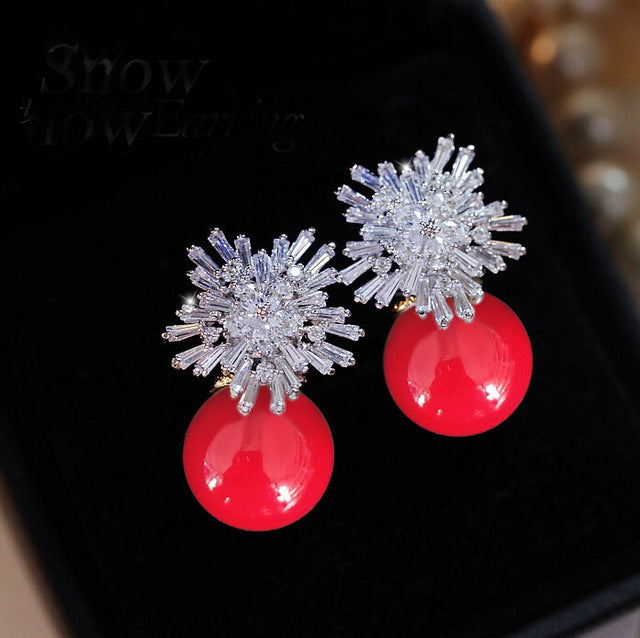 Valenzora | Austrian Imitation Pearl Snow Flower Bridal CZ Stud Earrings