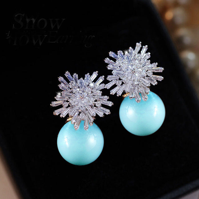 Valenzora | Austrian Imitation Pearl Snow Flower Bridal CZ Stud Earrings