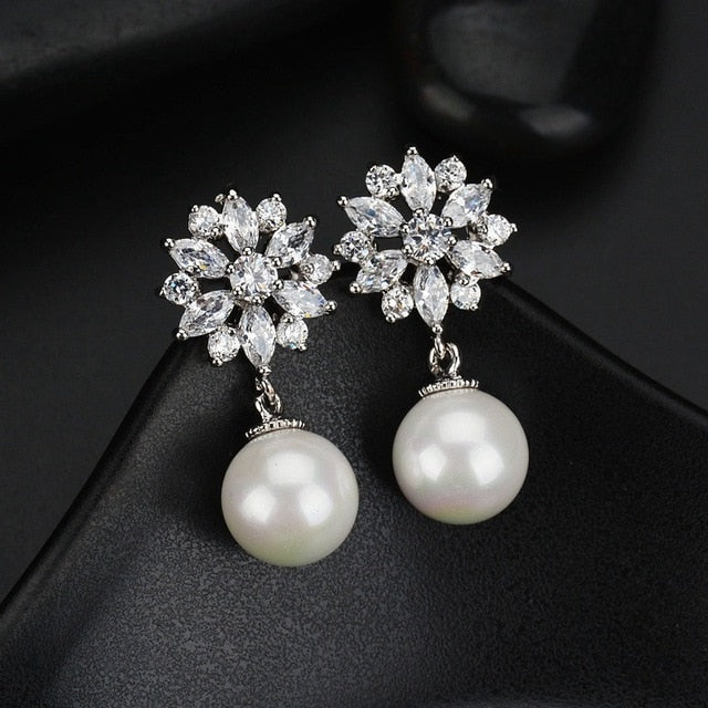 Valenzora | Austrian Imitation Pearl Snow Flower Bridal CZ Stud Earrings