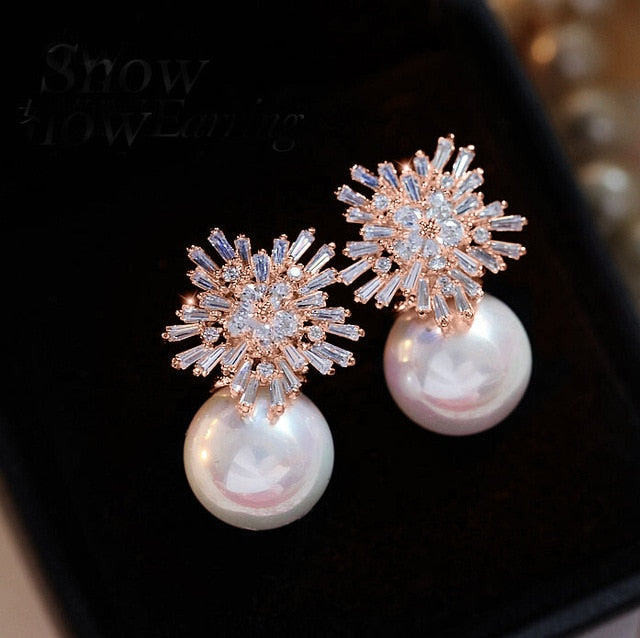 Valenzora | Austrian Imitation Pearl Snow Flower Bridal CZ Stud Earrings