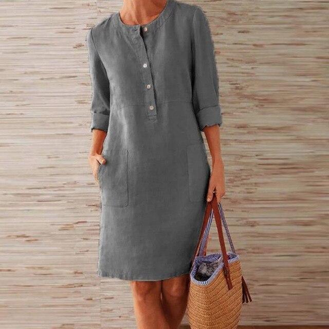 Valenzora | Buttoned Linen Dress with Rolled Cuffs for Women
