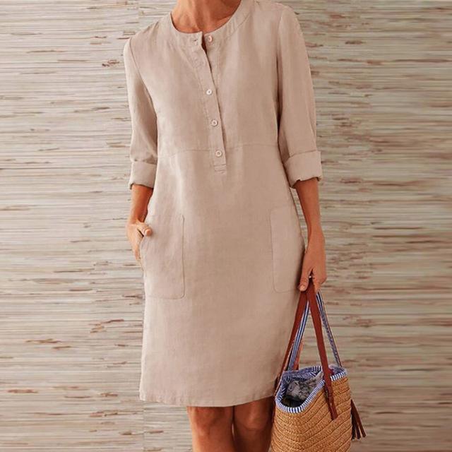 Valenzora | Buttoned Linen Dress with Rolled Cuffs for Women