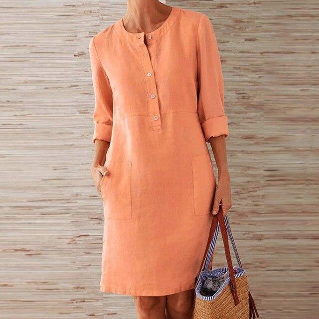 Valenzora | Buttoned Linen Dress with Rolled Cuffs for Women