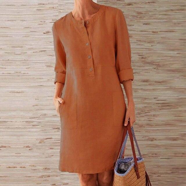 Valenzora | Buttoned Linen Dress with Rolled Cuffs for Women