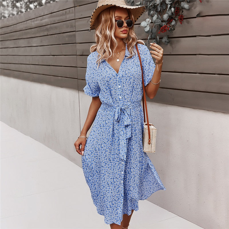 Valenzora | Stylish midi dress with button closure, short sleeves, fitted and V-neck