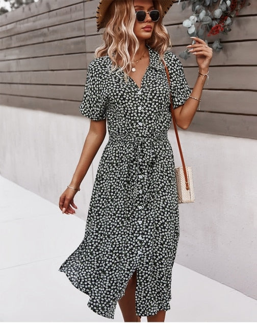 Valenzora | Stylish midi dress with button closure, short sleeves, fitted and V-neck