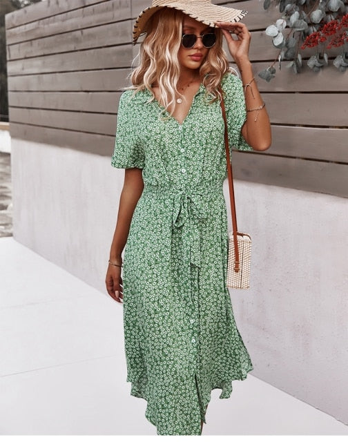 Valenzora | Stylish midi dress with button closure, short sleeves, fitted and V-neck