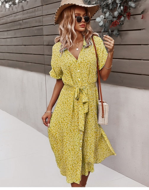 Valenzora | Stylish midi dress with button closure, short sleeves, fitted and V-neck