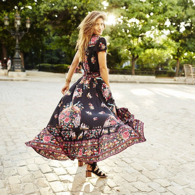 Valenzora | Short Sleeve Plunging Ethnic Print Gypsy Dress