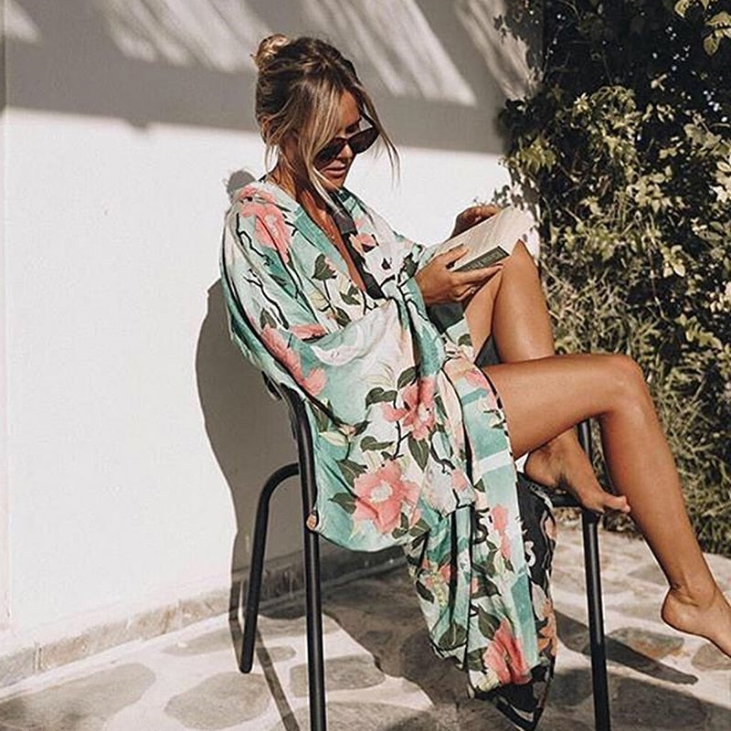 Valenzora | Green floral print kimono cardigan