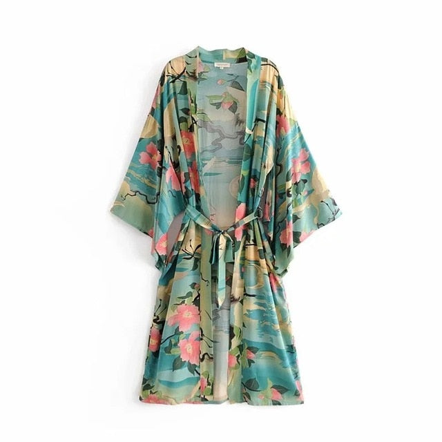 Valenzora | Green floral print kimono cardigan