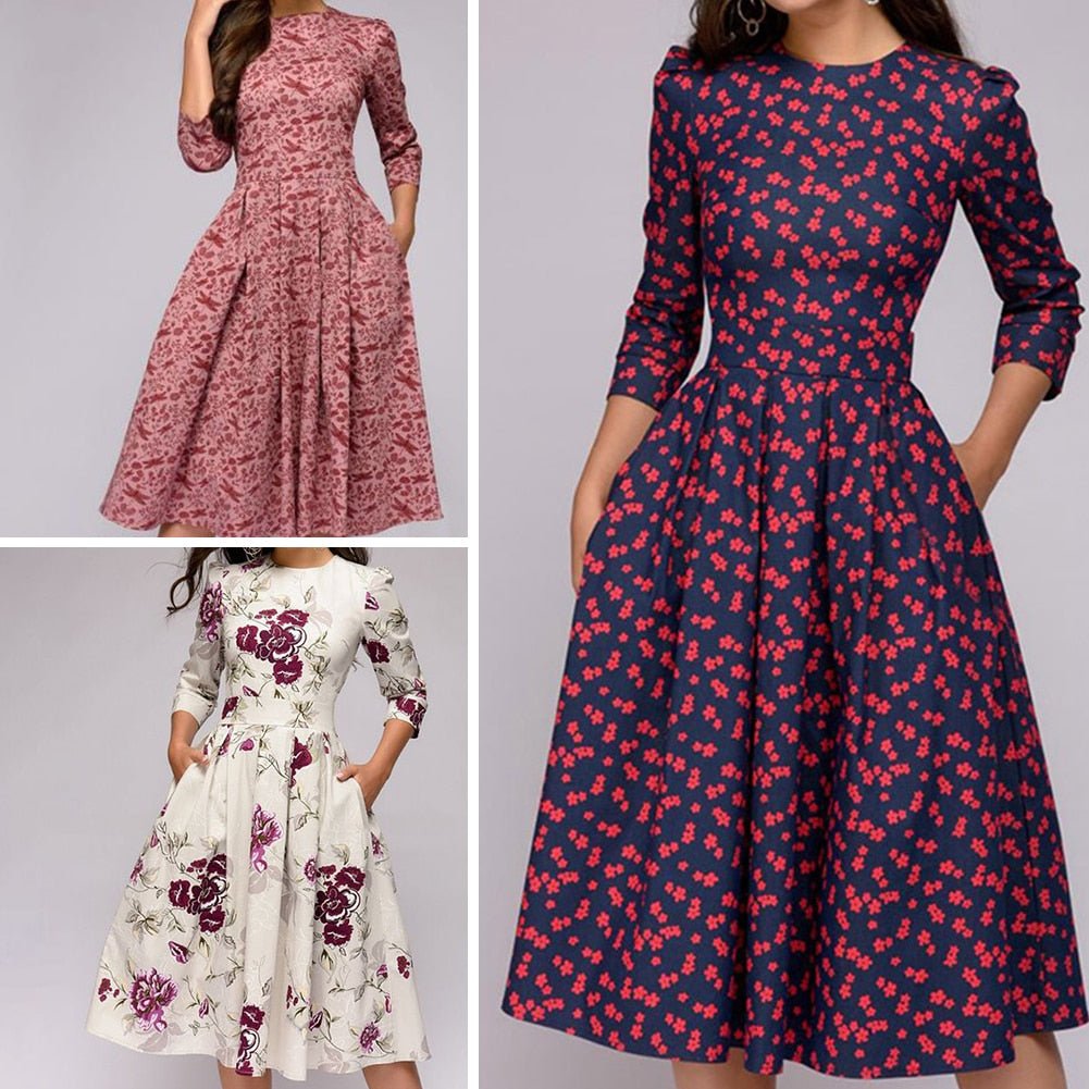 Valenzora | Lässiges Midikleid mit Rundhalsausschnitt, Blumenmuster und Taschen