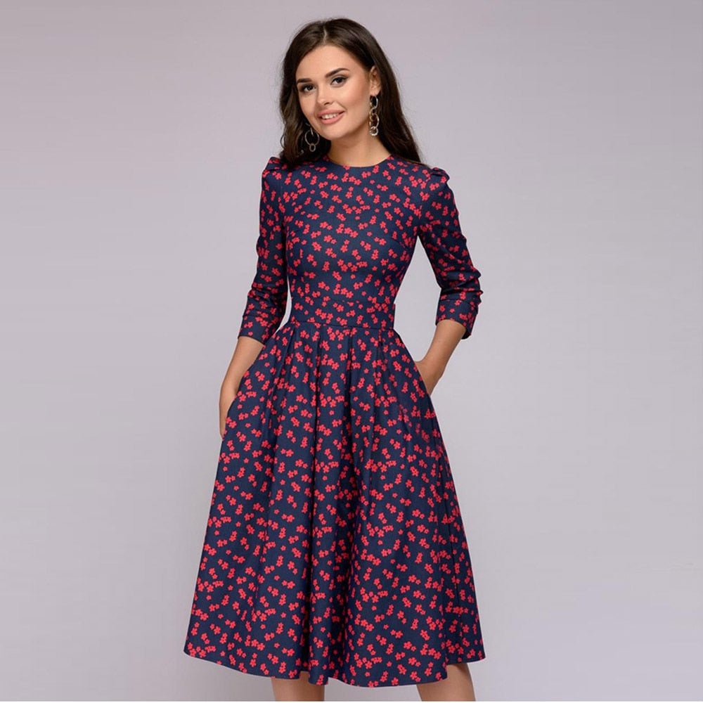 Valenzora | Lässiges Midikleid mit Rundhalsausschnitt, Blumenmuster und Taschen