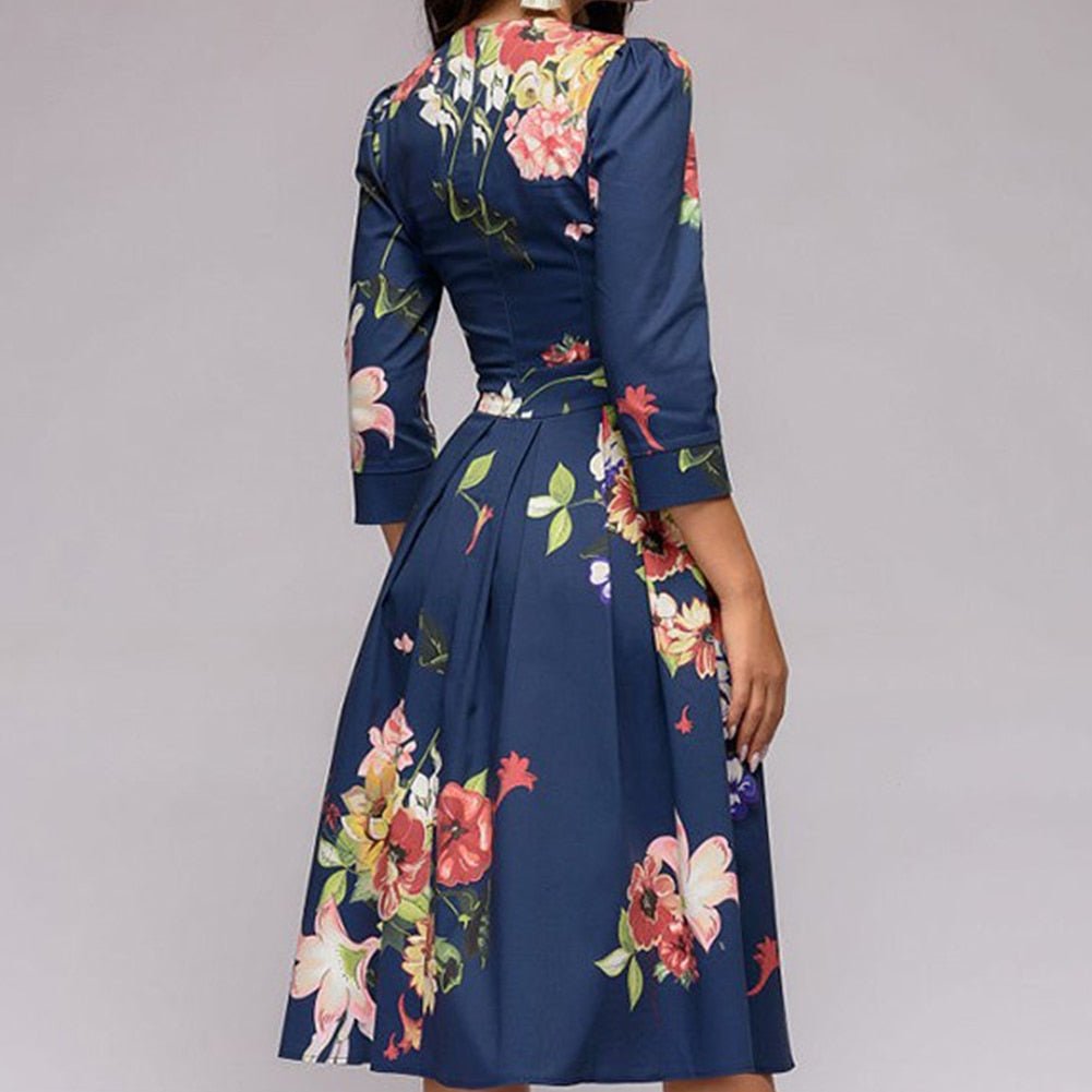 Valenzora | Lässiges Midikleid mit Rundhalsausschnitt, Blumenmuster und Taschen