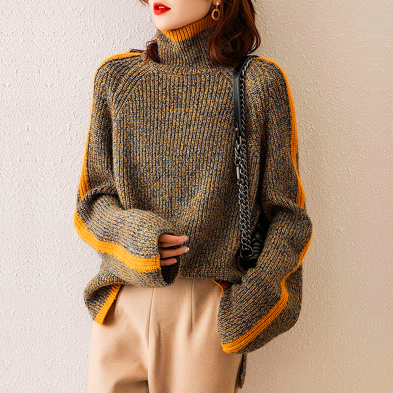 Valenzora Pullover | Eleganter, übergroßer Rollkragenpullover mit orangefarbenen Streifen für Damen