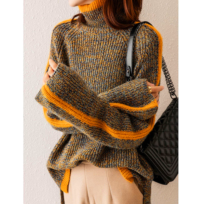 Valenzora Pullover | Eleganter, übergroßer Rollkragenpullover mit orangefarbenen Streifen für Damen